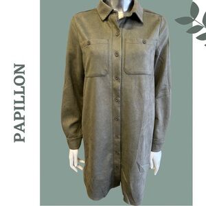 Papillon Shirt Dress Long Sleeve Button Front Faux Suede Microfiber Green Sz XS